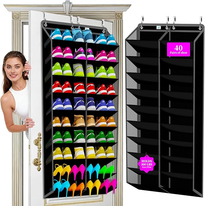 Heavy-Duty, over the door shoe organizer, Extra-Wide Large, shoe organizer, Holds 30 Pairs & Supports 100lbs, shoe rack, with Reinforced Grommets & Bamboo Rods, Fits Men's Size 12 & Boots, Black