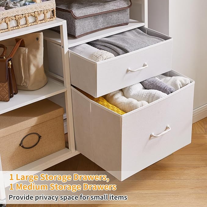 Clothes Rack for Hanging Clothes, 2 Drawers, Heavy Duty Garment Racks with Shelves, Clothes Rack with Hanging Hooks, White YD-TM080W