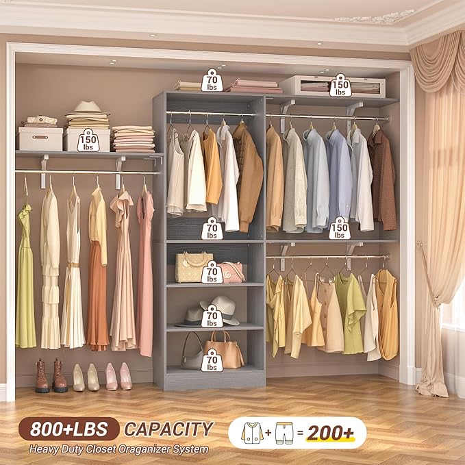 8FT Closet System with Shelves, 96'' Closet Organizer System with 3 Hanging Rods, Wall Mount Bedroom Wardrobe Walk-in Closet, Adjustable Cloth Garment Rack from 5 to 8FT (Cut to Fit), Grey