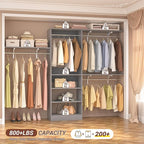 8FT Closet System with Shelves, 96'' Closet Organizer System with 3 Hanging Rods, Wall Mount Bedroom Wardrobe Walk-in Closet, Adjustable Cloth Garment Rack from 5 to 8FT (Cut to Fit), Grey