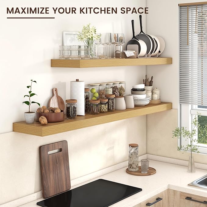Venusmiles Floating Shelves for Wall, 72 Inch Wide x 12 Inch Deep Floating Shelves, Long Wood Floating Wall Shelf Shelves for Living Room Bathroom Bedroom Kitchen Home - (Oak, 72" W x 12" D x 2" H)