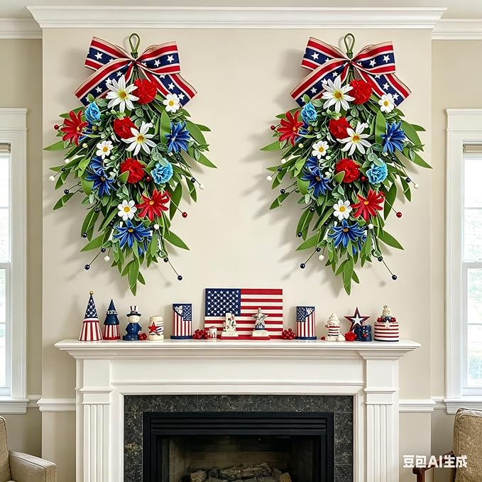 2 Pack 21'' Patriotic Swag Wreaths for Cabinets Artificial 4th of July Teardrop Wreath with Carnations and Daisies Red White Blue Floral for Independence Day Memorial Day Front Door Porch Window Wall