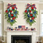 2 Pack 21'' Patriotic Swag Wreaths for Cabinets Artificial 4th of July Teardrop Wreath with Carnations and Daisies Red White Blue Floral for Independence Day Memorial Day Front Door Porch Window Wall