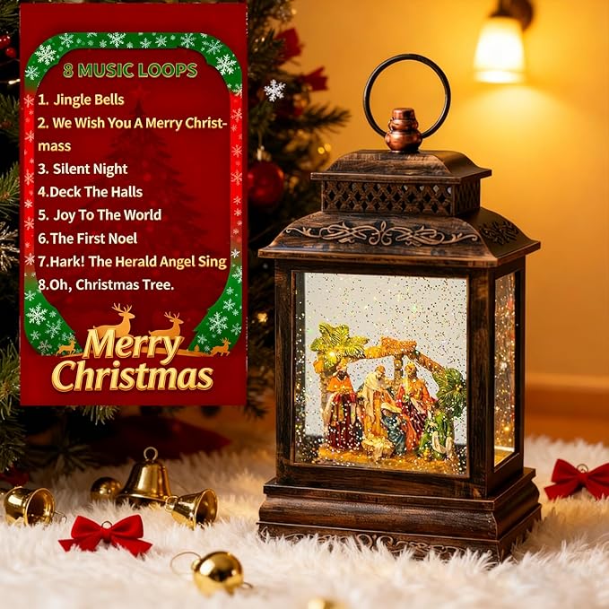 Christmas Snow Globe Lantern Water Nativity Scene & Manger Scene with Music & Timer, USB Lined/Battery Operated Lighted Lantern for Christmas Festival Decoration Gifts