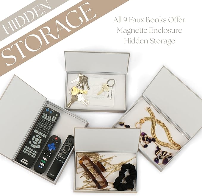 ORITZIO Oversized Set of 9 Faux Books with Hidden Storage (Black), Fashion Books, Coffee Table Accessory, Bookshelf Decor, Home Staging