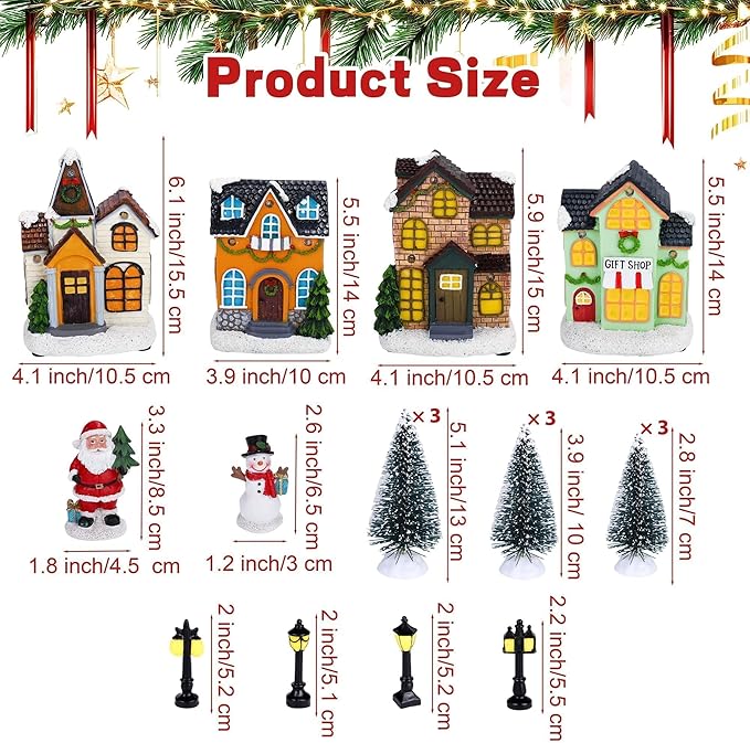Aneco 19 Pieces Christmas Village Set Resin Christmas Houses with Santa Claus Snowman Figurines, LED Light Lamps, and Pine Trees, Xmas Town Scene Building Ornaments for Winter Home Desktop Decor Gift