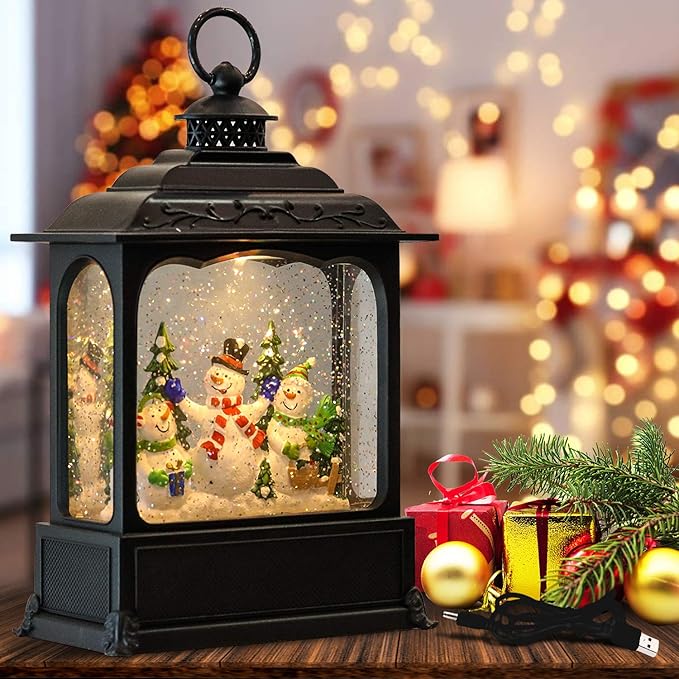 Wondise Christmas Musical Snow Globe Lantern with 6 Hour Timer, 11.2 Inch USB Plug-in & Battery Operated Spinning Water Glitters Lighted Snow Globe Lantern Christmas (Snowman Family)