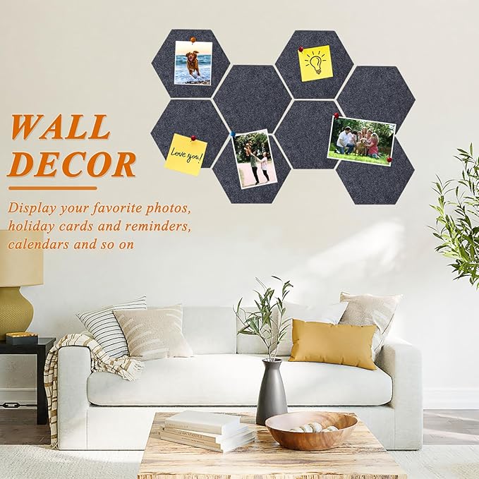 8 Pcs Hexagon Felt Cork Bulletin Board Tiles, Self Adhesive DIY Bulletin Board Pin Board for Office School Home Wall Decor Memos Photos Display(Deep Grey)