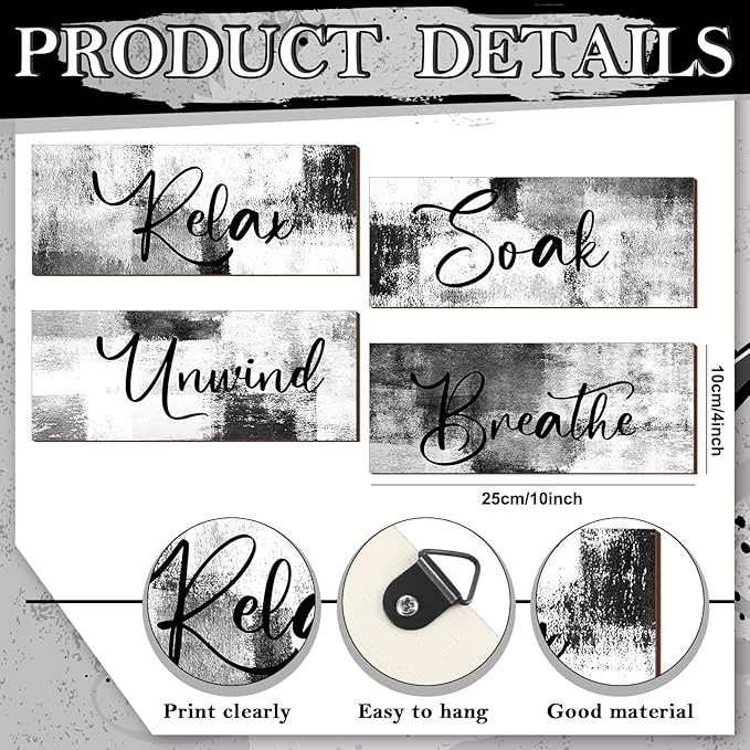 Maitys 4 Pcs Bathroom Wall Decor 10 x 4 Inch Bathroom Wall Art Contemporary Wood Restroom Pictures for Soak Unwind Relax Hanging Sign Spa Rustic Vintage Farmhouse Pediments(Black and White)