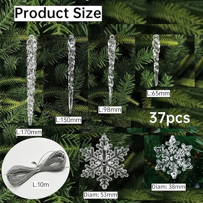 36pcs Christmas Crystal Ornaments Decoration, Hanging Christmas Snowflake Icicle Clear Acrylic Ornament Sets for New Year Wedding Winter Party Decor