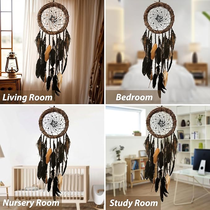 Dream Catcher Native American Boho Dreamcatcher Black Wall Decor, Handmade Rattan Natural Goose Feathers Wall Art Hanging Indian Room Decor for Bedroom Living Room
