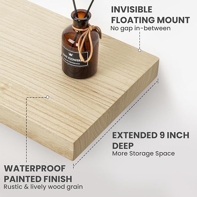 Wood Floating Shelves For Wall, 24”W x 9”D x 1.56”H Deep Wood Wall Shelves for Living Room Bedroom Bathroom Kitchen Drcor Storage with Invisible Heavy-Duty Metal Bracket, Natural Finish, Set of 2