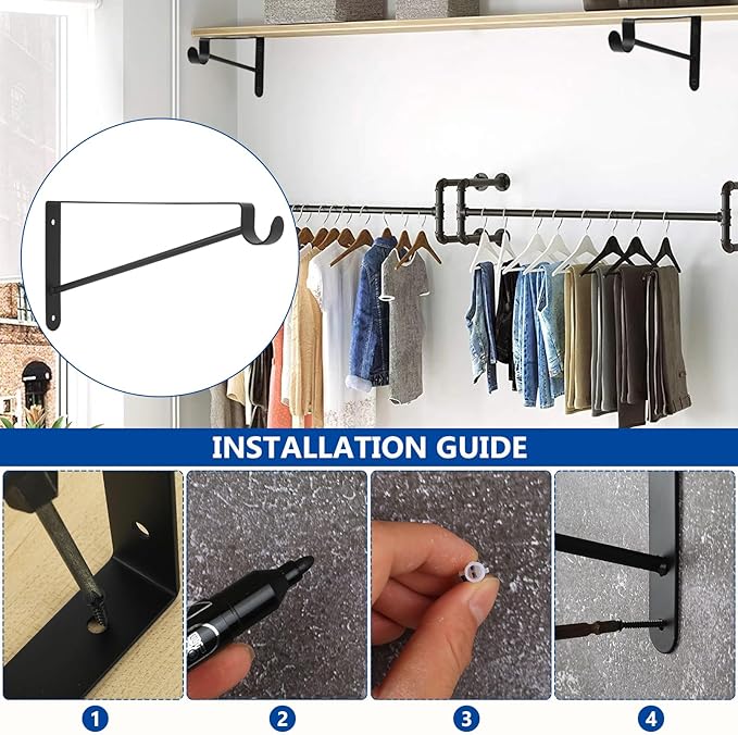Shelf and Rod Brackets, 4 Pcs Closet Shelf & Rod Brackets Wall Mounted, Heavy Duty Closet Shelf Closet Bracket with Rods Holder, Closet Shelves Supports with Screws, Black