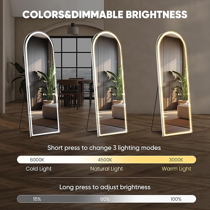 DUMOS Arched LED Full Length Floor Mirror, 63"x20" Full Body Standing Mirror with Lights, 3 Color Lighting, Hanging or Leaning, Wall Mounted, Modern Simple Home Wall Decor, White
