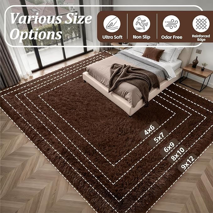 Fluffy 4x6 Area Rugs for Living Room Bedroom: Ultra Soft Shag Rug Non-Slip Non-Shedding Small Plush Bedside Rug Indoor Floor Carpets for Kids Room Playroom Entryway Nursery Dorms Home Decor Brown