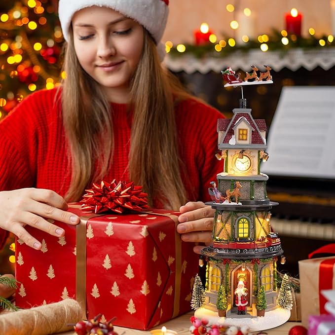 Christmas Village Houses Christmas Collectible Buildings Bell Tower with LED Lights,Xmas Vacation Village Musical with USB Indoor Display Figurines Decoration