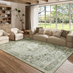 6×9 Machine Washable Rug for Living Room, Boho Vintage 6×9 Area Rug，Distressed Accent Low Pile Ultra Soft Large Carpet for Bedroom Bathroom Dining Room, Floral/Green