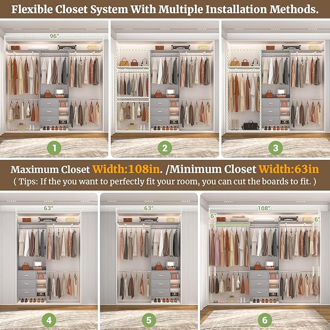 Aheaplus Closet System, Closet Organizer with 3 Wooden Drawers, 8FT Closet Organizer System, 96’’ Walk-in Closet Wardrobe Clothes Rack with Hanging Rods, Garment Rack, Fits 5.3-9 ft, -G6, Grey