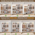 Aheaplus Closet System, Closet Organizer with 3 Wooden Drawers, 8FT Closet Organizer System, 96’’ Walk-in Closet Wardrobe Clothes Rack with Hanging Rods, Garment Rack, Fits 5.3-9 ft, -G6, Grey