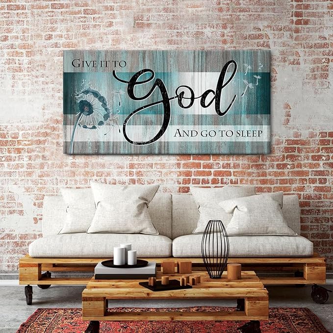 Extra Large Christian Wall Decor Scripture Wall Art Give It to God and Go to Sleep Bedroom Pictures Inspirational Bible Verses Wall Decor Turquoise Teal Religious Artwork Living Room Decoration 30x60"