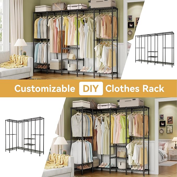 H5 Extra Large Wire Garment Rack, Heavy Duty Clothes Rack, Freestanding Clothing Rack for Hanging Clothes, Wardrobe Closet with Adjustable Shelf, 93.3" Wx15.7 Dx75.4 H, Black, Load 1400 lbs