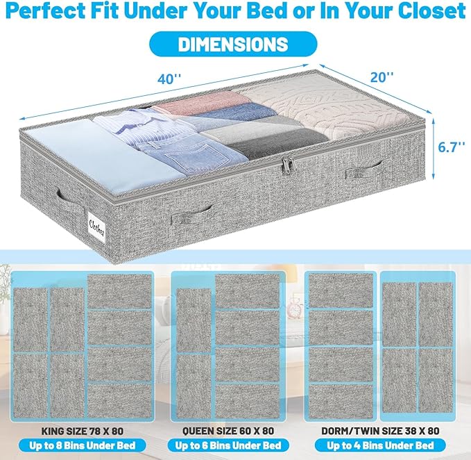 4 Pack 100L Under Bed Storage Containers, Low Profile Closet Organizers and Storage Bins for Dorm, Foldable Underbed Bag for Clothes, Blanket, Sheets, Wrapping Paper, Clear Window & Dual Zippers, Grey