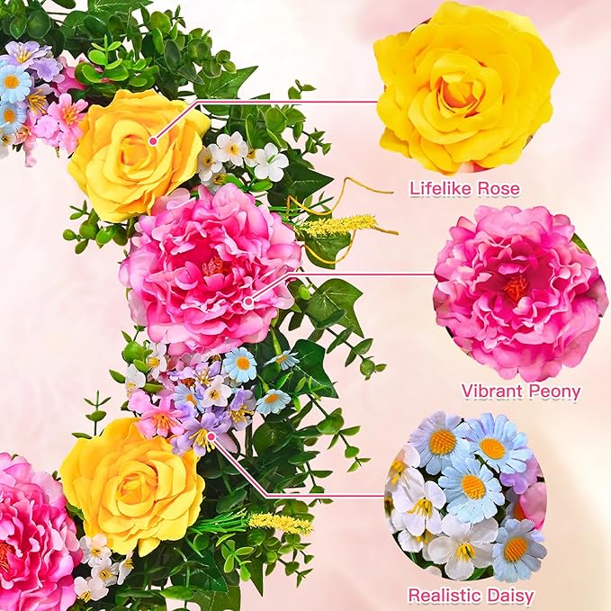 Livole 24 Inch Summer Spring Wreaths for Front Door Large Summer Door Wreath with Peony Rose Daisy for Indoor Outdoor Home Wall Farmhouse Patio Porch Window Decor