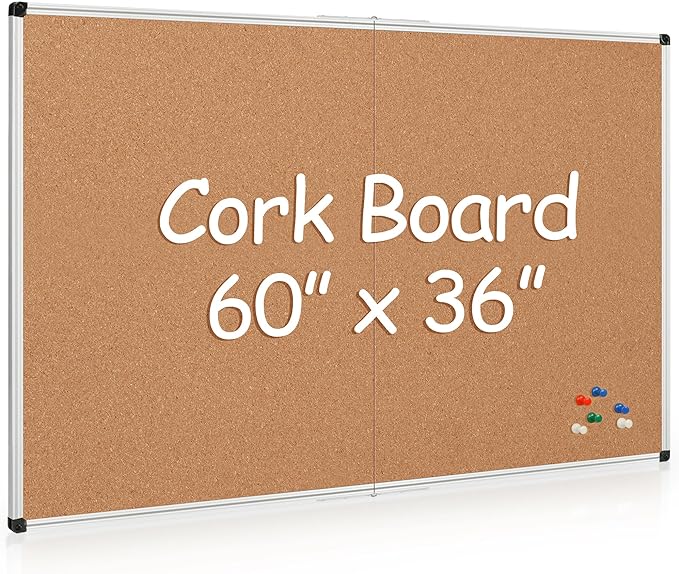 Extra Large Cork Bulletin Board 60" X 36", Foldable Notice Pin Board for Wall, Silver Aluminum Framed 5'x3' Corkboard, Wall Mounted Noticeboard with 36 Push Pins for School, Home & Office