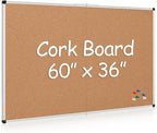 Extra Large Cork Bulletin Board 60" X 36", Foldable Notice Pin Board for Wall, Silver Aluminum Framed 5'x3' Corkboard, Wall Mounted Noticeboard with 36 Push Pins for School, Home & Office