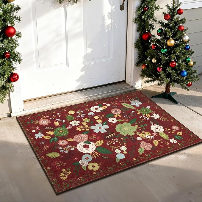 U'Artlines Colorful Floral Indoor Door Mat Entrance Rug 2'x3'Soft Non Slip Machine Washable Red Christmas Area Rug Small Carpet for Entryway Kitchen Bathroom Bedroom (Red)