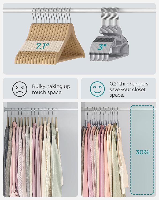 SONGMICS Conjunto de 50 Cabides Plásticos, Cabides com Abertura em U, que Economizam Espaço, 0,5 cm de Espessura, 41,5 cm de Comprimento, Gancho Giratório 360°, Cinza Claro e Escuro BRCRP41G-50