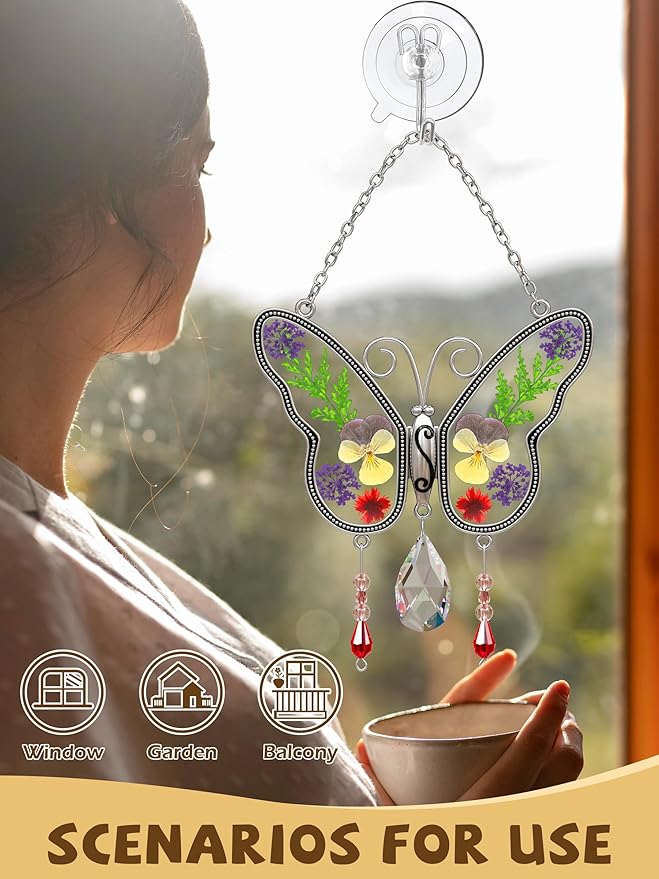 KY&BOSAM Butterfly Suncatchers Gifts for Mom Family Friends Stained Glass Suncatchers for Windows Hangings Wind Chimes Real Flower Colorful Crystal Outdoor for Garden Indoor Home Trees Party Decor