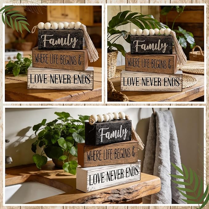 Yuntau 4 Pcs Farmhouse Family Tabletop Decor Tiered Tray Decor Rustic Wood Decorative Stacked Sign Block Gift Retro Bead Garland Family Where Life Begins Love Never Ends Table for Home Shelf Office