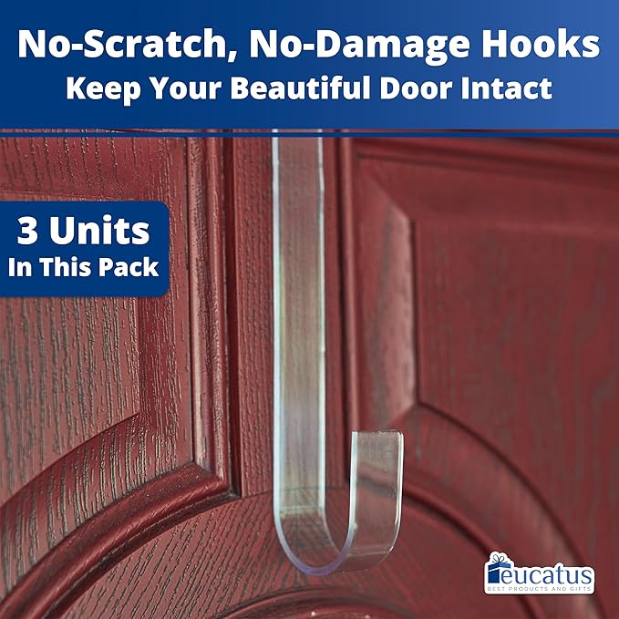 Non-Scratch 100% Clear 12In Xmas Wreath Hanger 3Pk. Best Long Hooks for Indoor or Outdoor Holiday Home Decor. Slim Christmas Wreaths Holders Hang Fall Halloween Decorations Over Front or Storm Door.