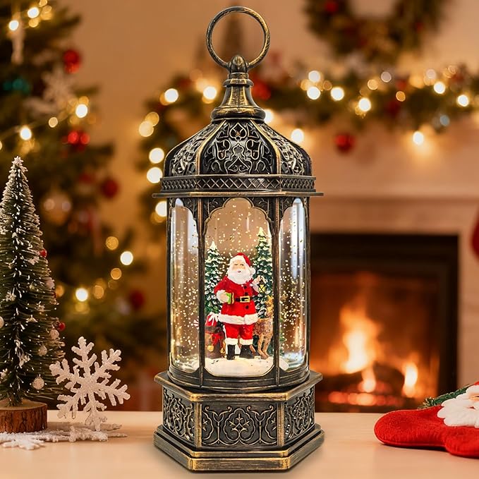 Large Snow Globe,Santa Claus Christmas Decorations Lantern,Musical Reindeer Snow Globes, 6-Hour Timer Battery & USB-Powered， for Kids, Women, Adults, Gift, Home Decor