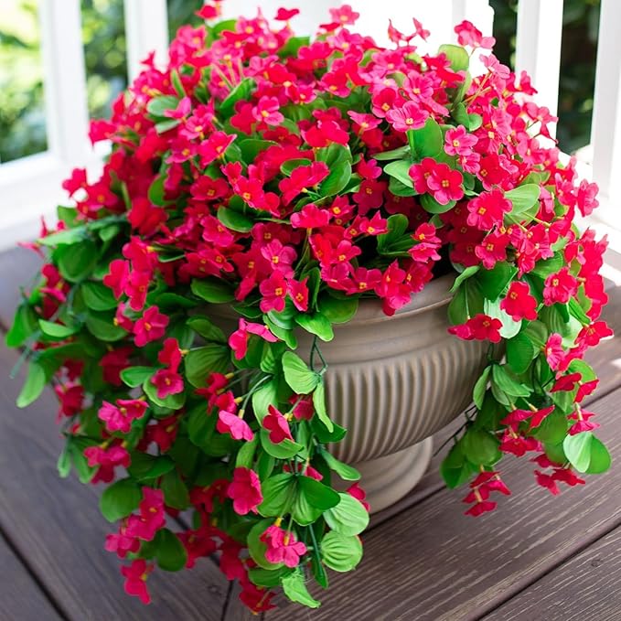 HyeFlora Artificial Fake Hanging Flowers for Spring Outdoor Outside Decoration, 2PCS Faux Silk Hotpink Daisy Plants UV Resistant Look Real Orchid Vines for Indoor Home Balcony Porch Planter