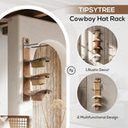 Hat Holder Rustic Wood Star Design – 2-Piece Organizer with Extra Wide Wooden Boards (12cm / 4.72"), 4-Hook Cowboy Hat Rack for Wall, Western Decor, Hat Storage Display Hanger