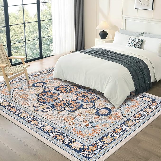 U'Artlines Boho Vintage Area Rug 6x9 Machine Washable Low Pile Soft Floor Carpet Non Slip Non Shedding Accent Rug for Living Room Bedroom Entryway Dining Room Office Orange Blue