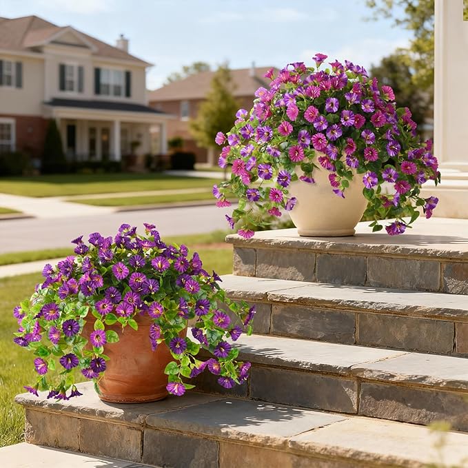 Homsunny Artificial Fake Flowers Outdoor, 2PCS Long 29.5 in Faux Petunias Silk Flower UV Resistant No Fade for Home Outside Garden Balcony Yard Porch Realistic Spring and Summer Decor（Light Purple）