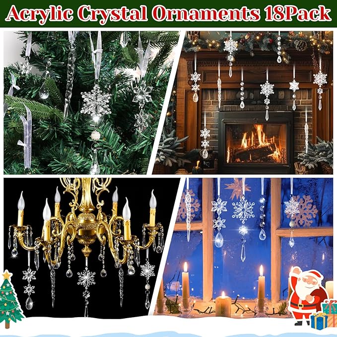 Christmas Tree Decorations 18Pcs(Ready to Hang), Acrylic Crystal Ornaments for Christmas Tree- Hanging Christmas Snowflake Decorations for Xmas Decor, Weddings, Frozen Birthday Parties