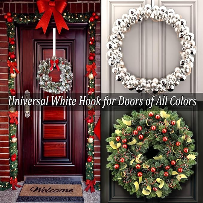 2 PCS Wreath Hangers for Front Door, 15" Wreath Hanger, Indoor or Outdoor Over The Door Wreath Hook Hanger for Easter Spring Halloween Xmas Wreath Decorations, Steel Material, 20lb Load Bearing（White）