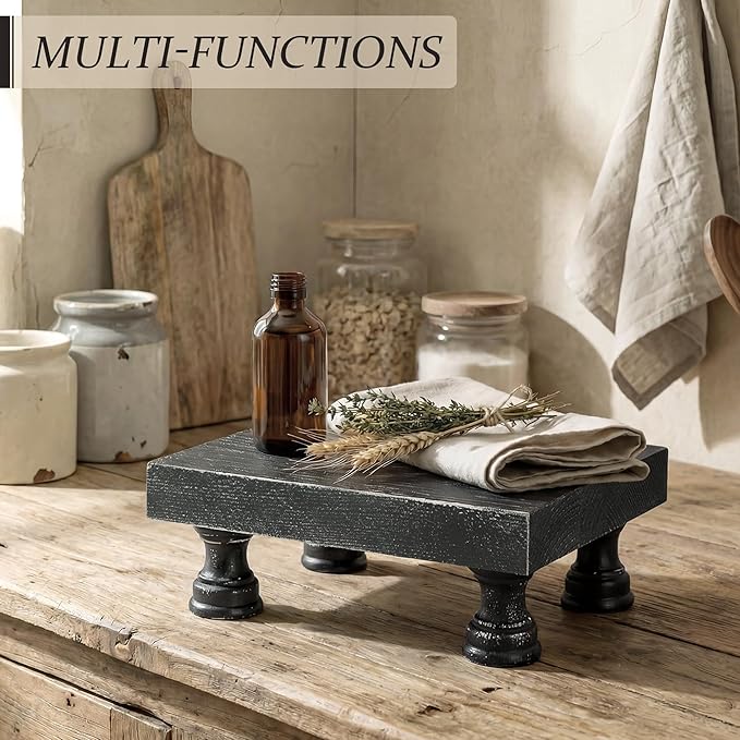 EOSAHR Stylish Rustic Pine Wood Riser Display Stand for Home Decor - Boho Pedestal Stand Can be used as Plant Stand & Cake Stand - Farmhouse Decor Bathroom Accessories Essentials(Old Black)