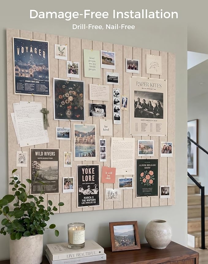 Aothia Felt Bulletin Board Tiles Large 48" x 36" Cork Board Alternative - 12-Pack with 70 Adhesive Tabs, Thick Slat Wall Panels for Office Decor, Push Pin Board Wall Organizer Alternative - Oatmeal