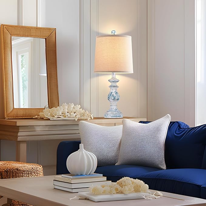 PARTPHONER Traditional Table Lamp Set of 2, Rustic Farmhouse Table Lamps for Living Room Bedroom, 22" Bedside Desk Lamps Vintage Nightstand Lamps with Linen Shades, Washed Blue
