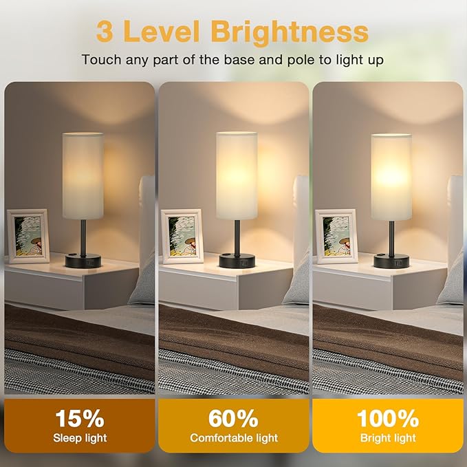 PartageiZ Grey Touch Table Lamps Set of 2-3 Way Dimmable Bedroom Lamps for Bedside with USB C and A Ports, Small Nightstand Lamps with AC Outlet, Desk Lamps with Black Base for Office Boys