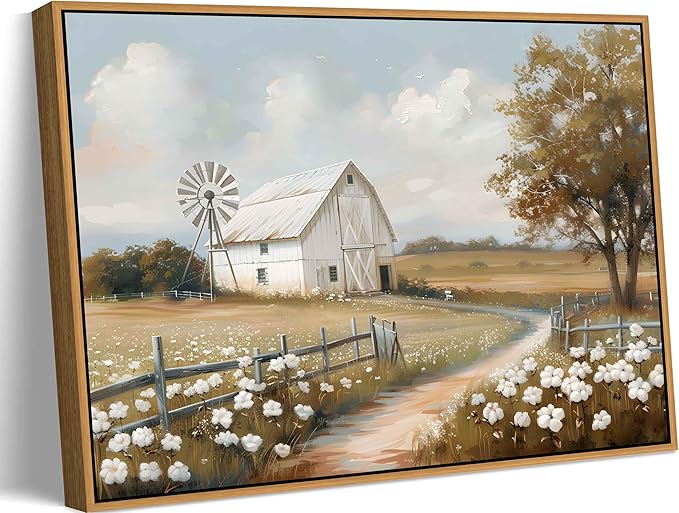 Framed Barn Canvas Wall Art Farmhouse Rustic Decor Pictures Farm Windmill Countryside Nature Field Meadow Flower Posters Prints for Home Decoration Bathroom Bedroom Living Room Decoration