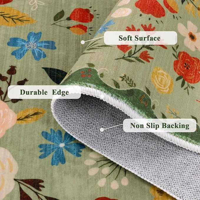 U'Artlines Indoor Door Mat Entrance Rug 2'x3'Soft Non Slip Machine Washable Floral Small Area Rug Carpet for Entryway Kitchen Bathroom Bedroom Green