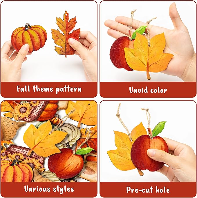 Haooryx 31Pcs Fall Autumn Wood Hanging Ornaments Autumn Wooden Pumpkin Maple Leaves Decorative Pendents for Thanksgiving Day Fall Harvest Party Favor Gift Tag Holiday Home Tree Decorations Supplies