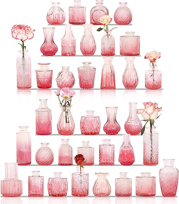 36Pcs Valentine's Day Bud Vases Set Small Vintage Glass Bottles Pink Bud Vases in Bulk Multiple Shape Cute Glass Vases for Rustic Wedding Centerpieces Table Decorations and Home Decor(Pink)