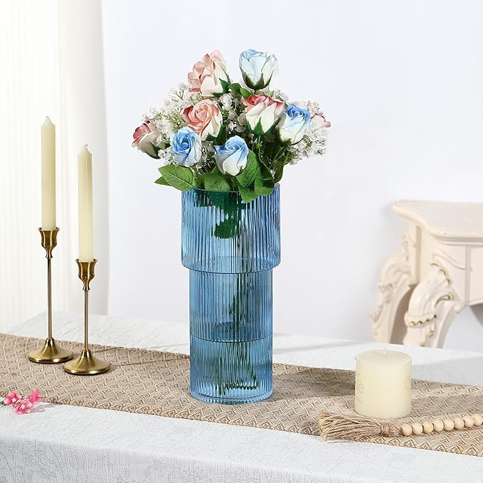 Large Glass Vase, 12 Inches Tall Vase for Flowers, Blue Flower Vases for Bouquet, Modern Blue Glass Vases for Living Room, Dining Table, Office, Entryway, Mantle, Shelf, Wedding Gifts